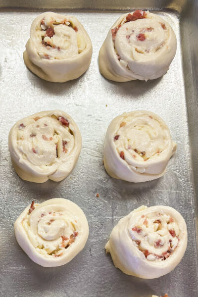 Bacon Cheddar Rolls on a baking sheet ready to rise. 