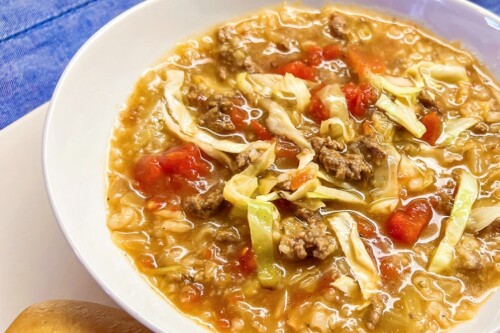A big bowl of Instant Pot Cabbage Roll Soup.