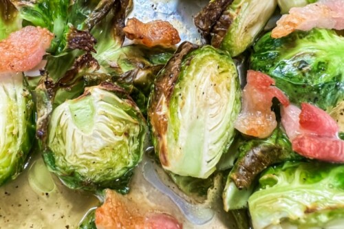 Roasted sheet pan brussels sprouts with bacon and maple.