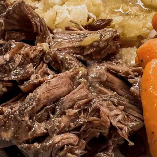 Instant pot beef roast made with a chuck roast with potatoes and carrots.