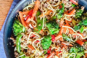 A skillet full of Asian Ground Pork Stir Fry.