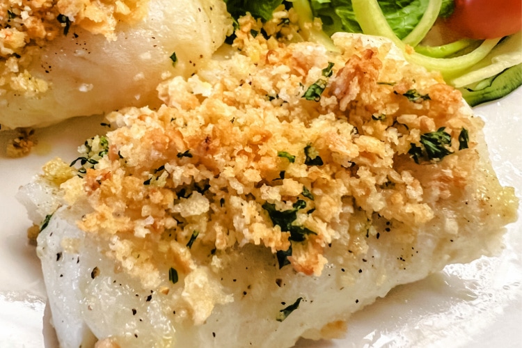 Sweet and tender baked cod with a cracker topping.