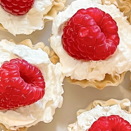Raspberry Cheesecake Bites on a white platter.