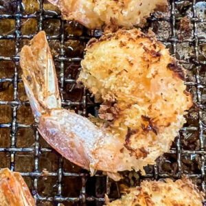 Golden brown and crunchy air fryer shrimp.