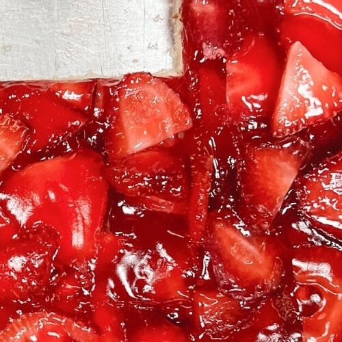 Strawberry Slab Pie in a baking pan, ready to eat.