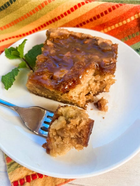 A slice of Super Moist Apple Cake on a white plate. 