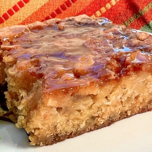 Side view of a fat slice of Super Moist Apple Cake.