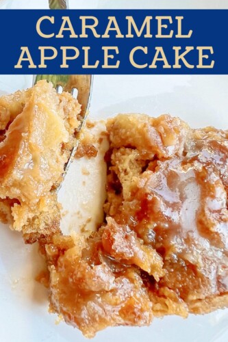 A serving of caramel apple cake with a fork.