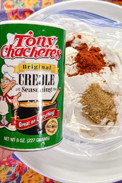 Tony Cachere's Seasoning Blend and the breading ingredients. 