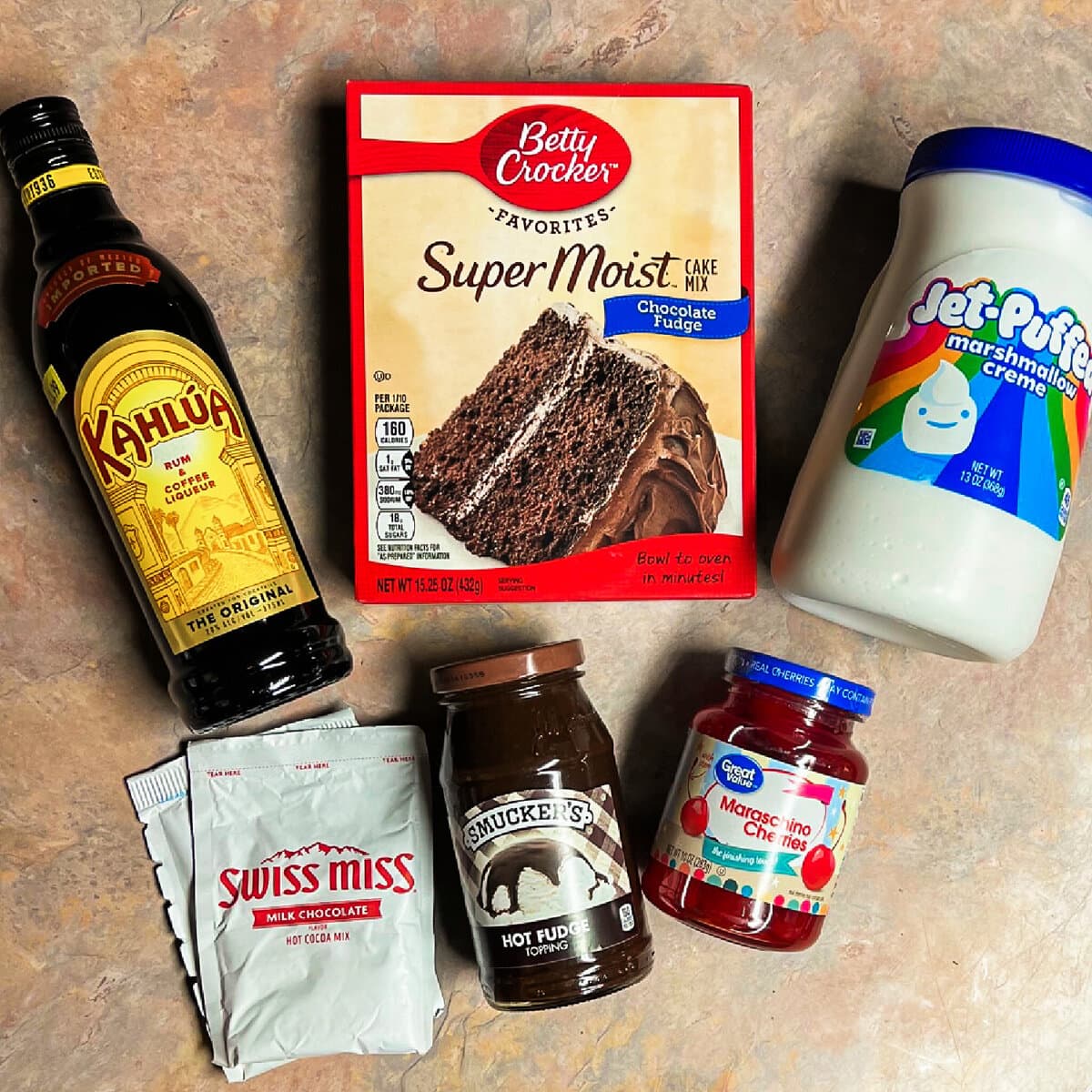 Ingredients for Chocolate Fudge Hot Cocoa Cake. 