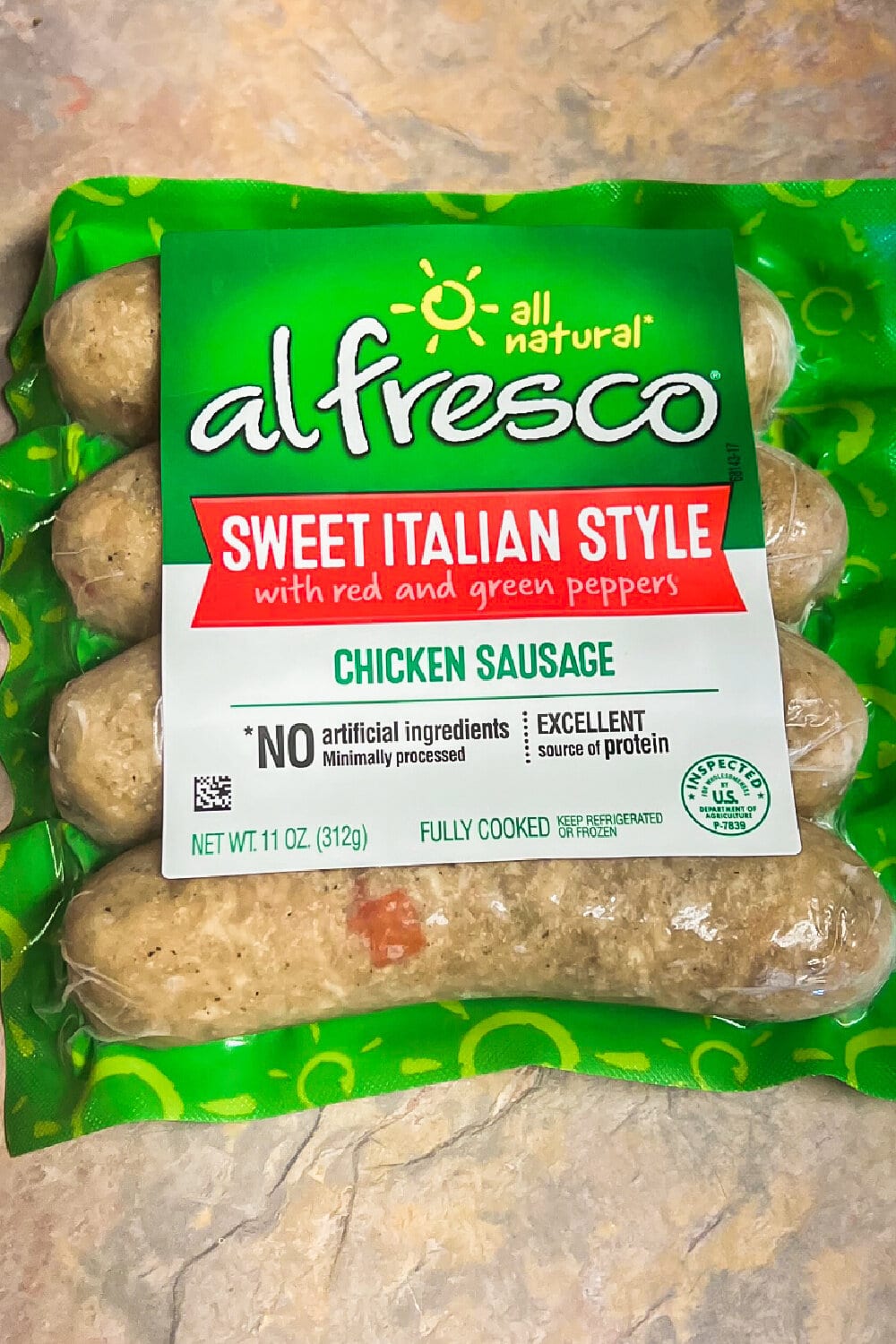 A package of Al Fresco Chicken Sausage, Sweet Italian Style. 