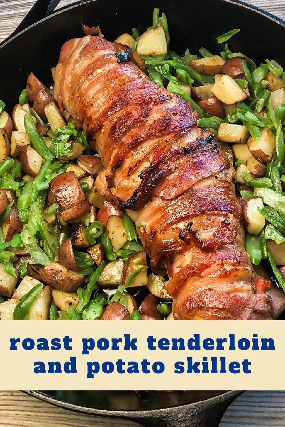 Bacon-wrapped pork tenderloin roasted with potatoes. 