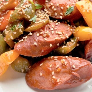 Korean Kielbasa Sausage with Stir Fried Vegetables.