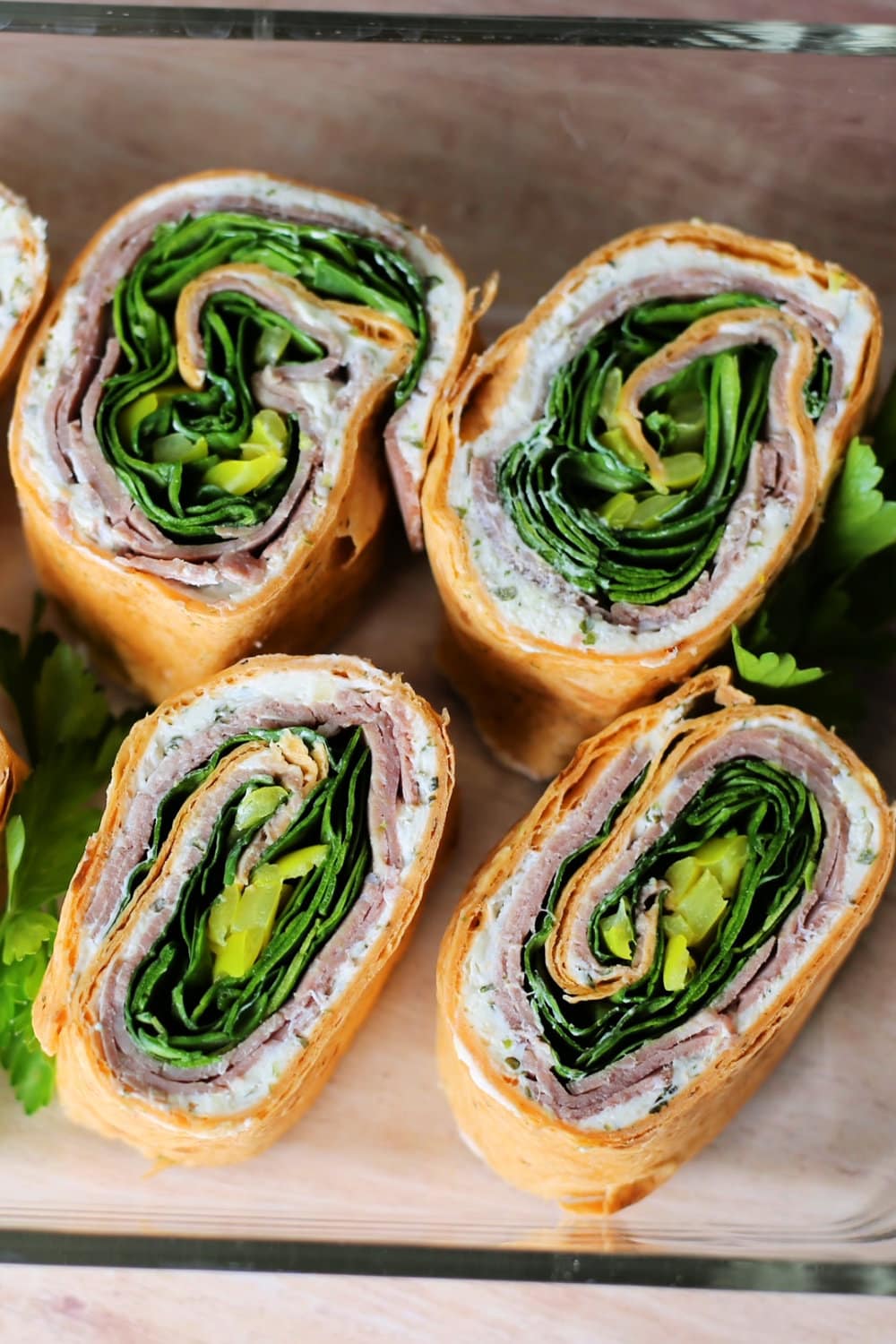 Roast Beef Picnic Pinwheels ready to serve as a chilled appetizer. 