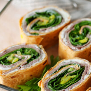 Roast Beef Picnic Pinwheels ready to serve as an appetizer course.