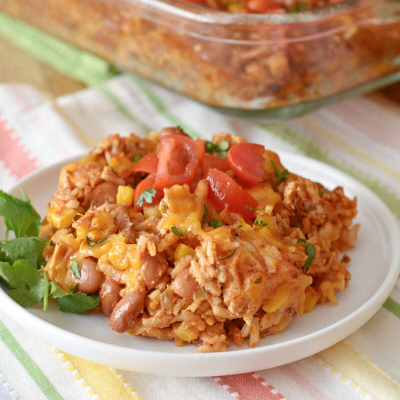 Taco rice casserole with chicken and pinto beans.