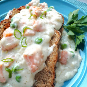 Creamed Salmon served over a slice of toast.