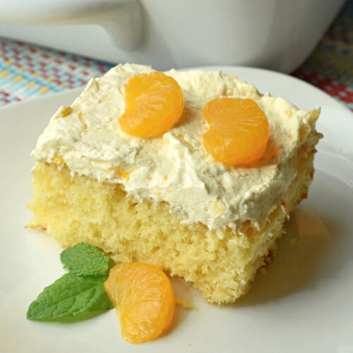 Sunshine Cake made in a 9x13 pan with mayo, pineapple and mandrin oranges.