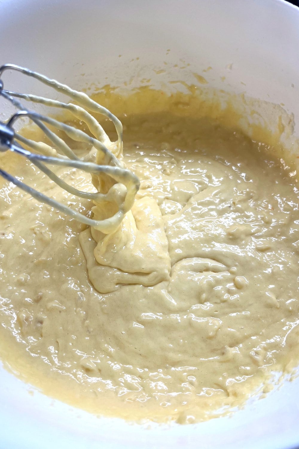 Sunshine cake batter in a mixing bowl.