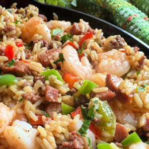 A big pan full of Dirty Rice with Sausage, ready to be served.