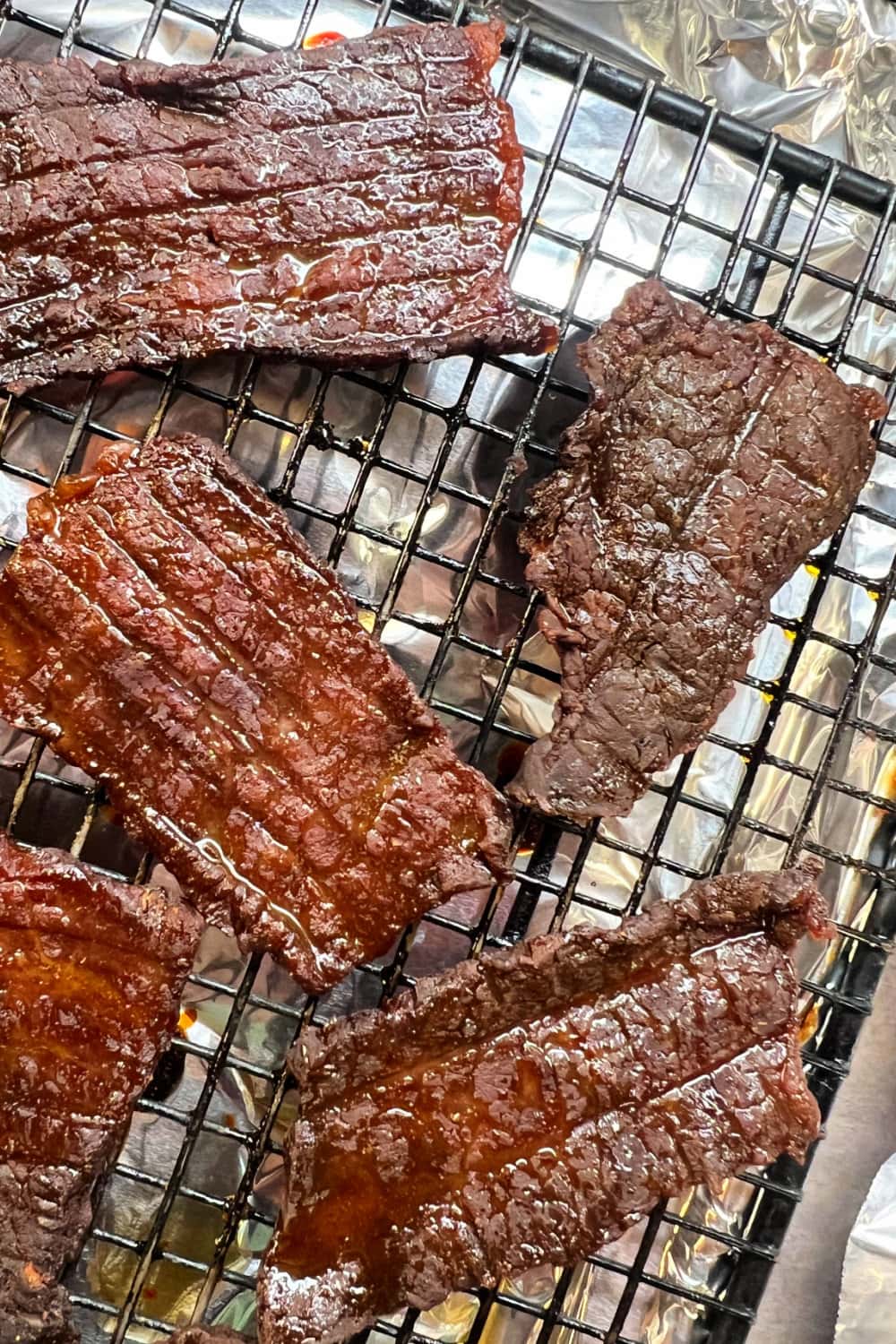 Fully cooked beef jerky from the oven. 