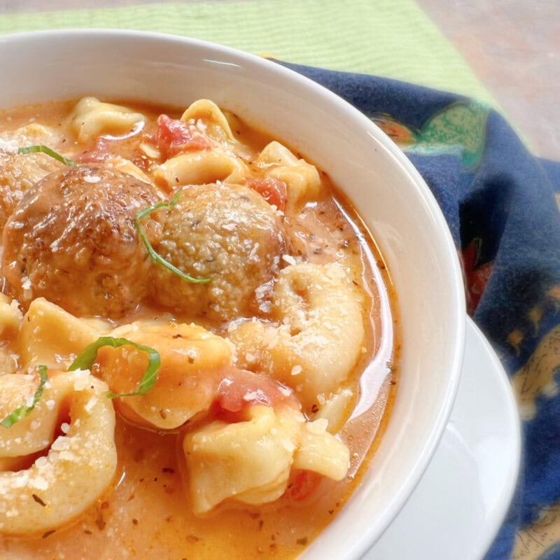 Soup made with frozen meatballs and tortellini.