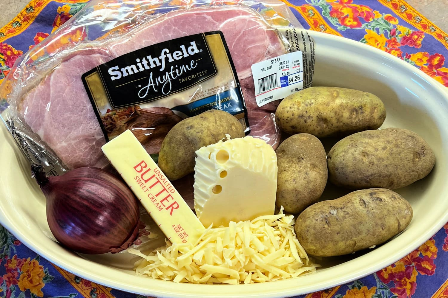 All the ingredients needed to make Ham Steak and Creamy Potatoes. 