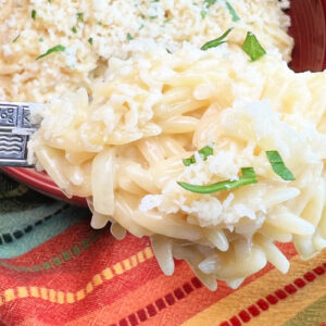 A big serving spoon full of warm and cheesy orzo pasta.