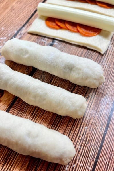 Air fryer pizza bread sticks ready for the air fryer. 