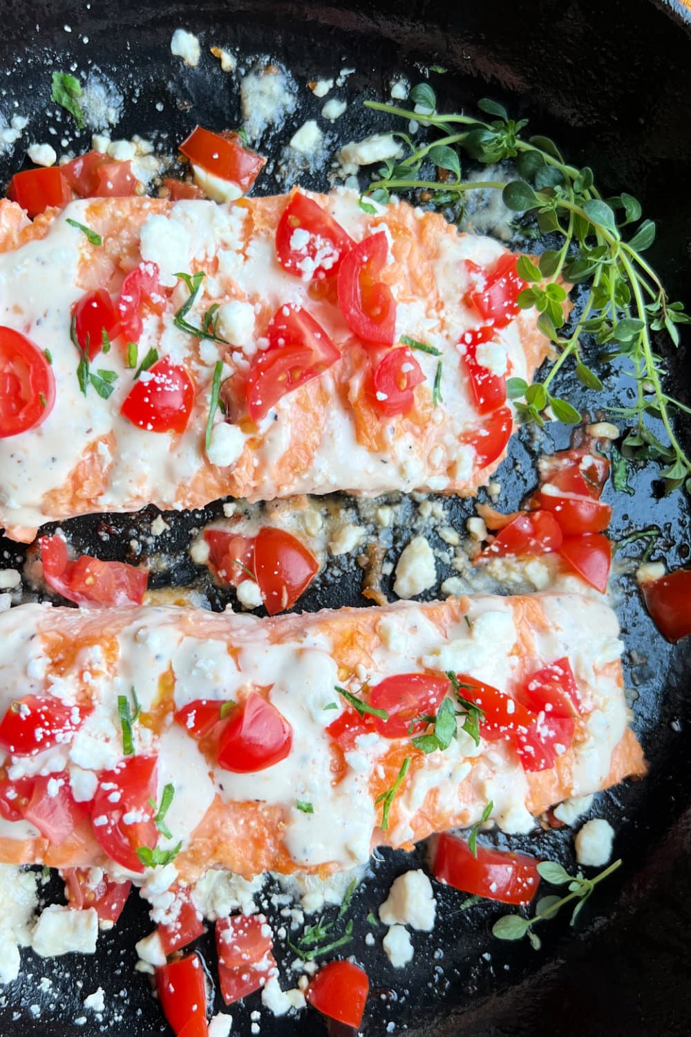 Beautiful Caesar Salmon with Tomatoes, Feta and fresh thyme.  