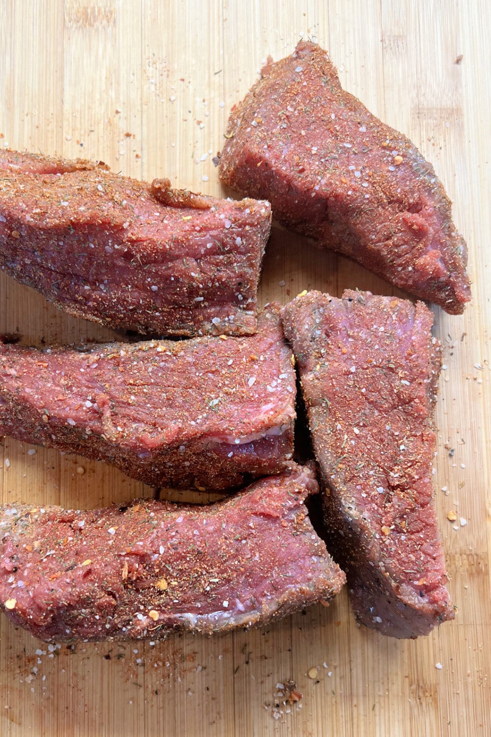 Chunks of rump roast seasoned with steak seasoning. 