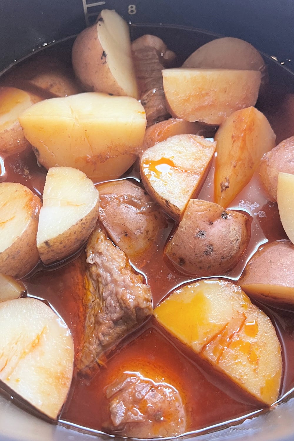 Fully cooked rump roast and potatoes after being pressurized in the Instant Pot. 