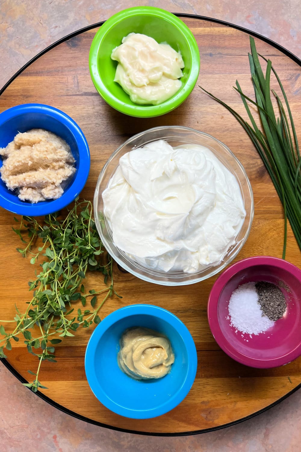 Ingredients laid out for making creamy horseradish sauce. 