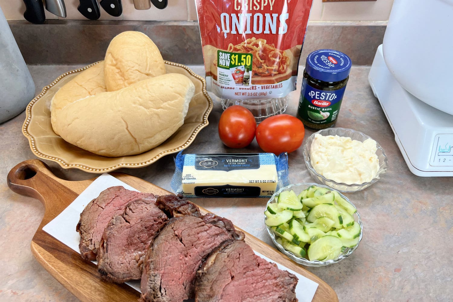 All ingredients required for making Beef Tenderloin Sandwiches. 