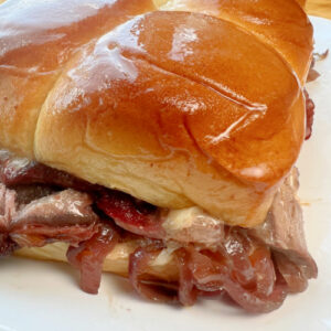 A Beef Tenderloin Slider, hot and fresh from the oven.