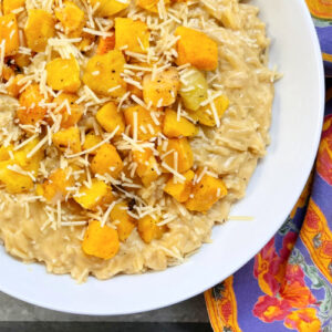 Butternut Orzo Pasta served up in a white bowl.