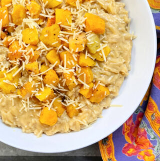 Butternut Orzo Pasta served up in a white bowl.