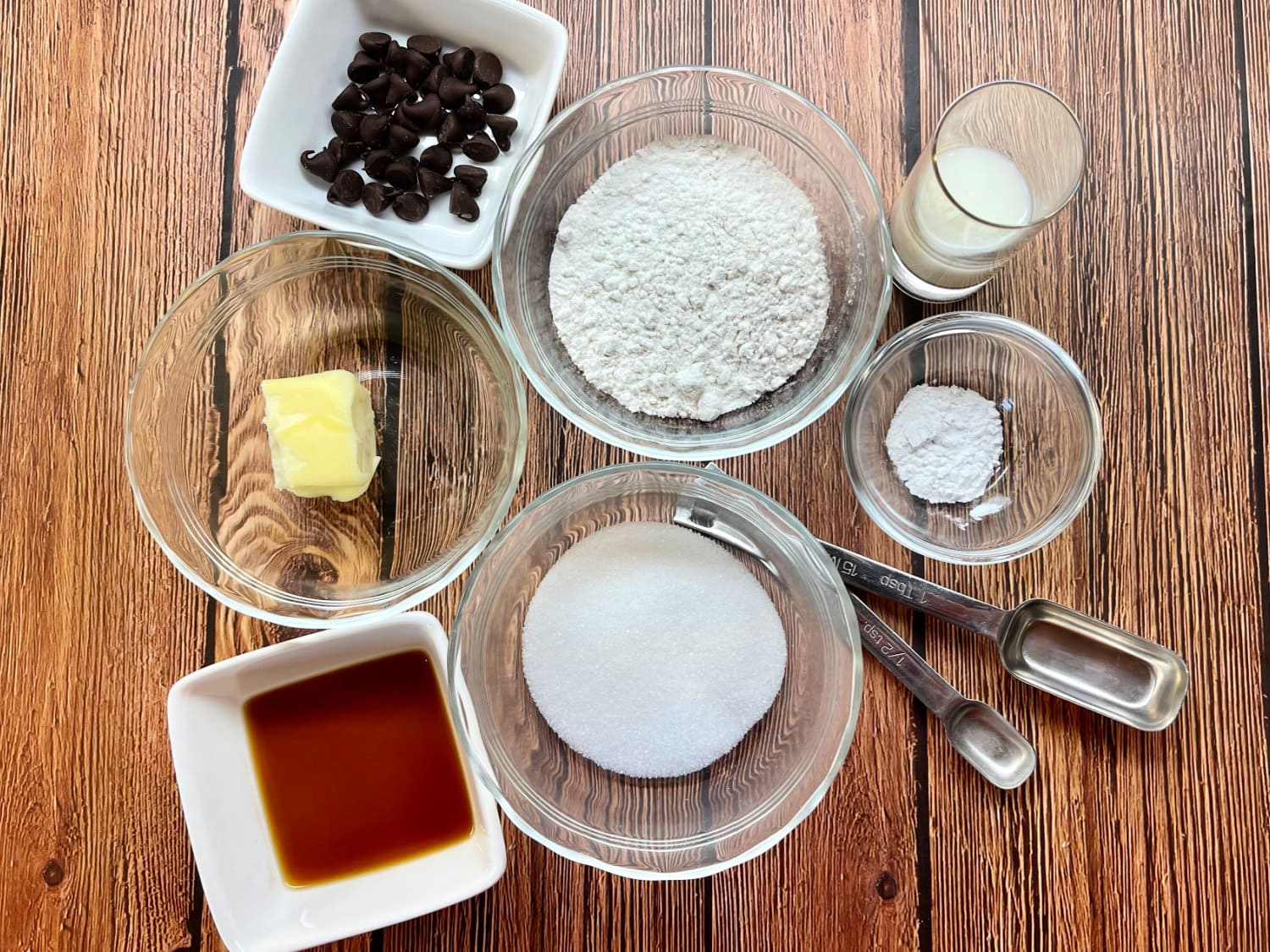 All ingredients needed for making Chocolate Chip Mug Cakes. 