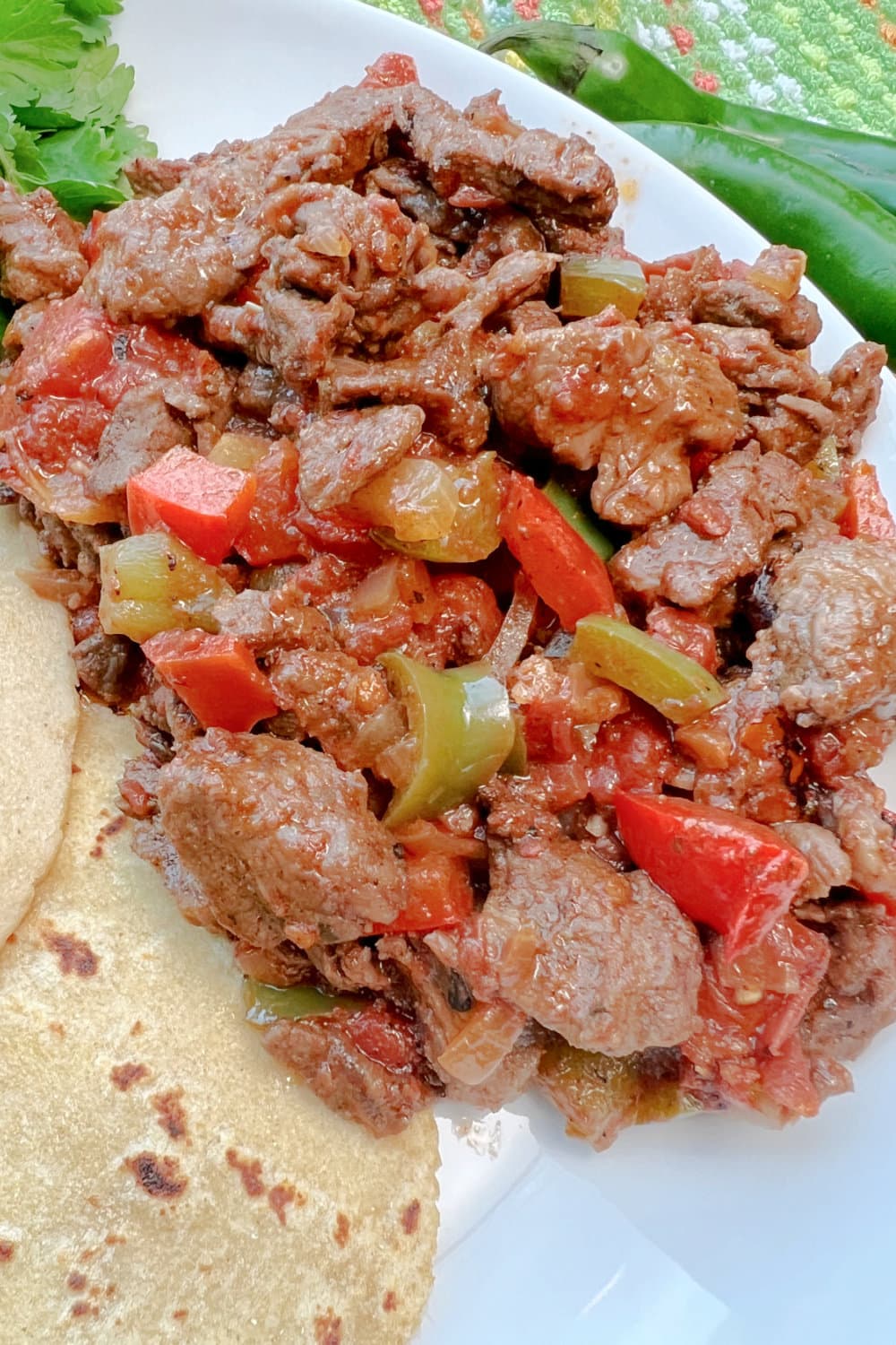 A large, saucy serving of Carne Picada on a plate. 