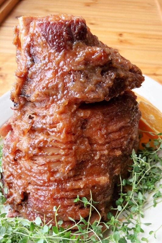 A sticky-sweet spiral ham on a platter.