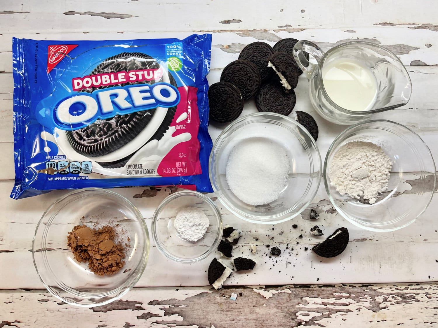 All the ingredients needed to make Oreo Mug Cakes. 