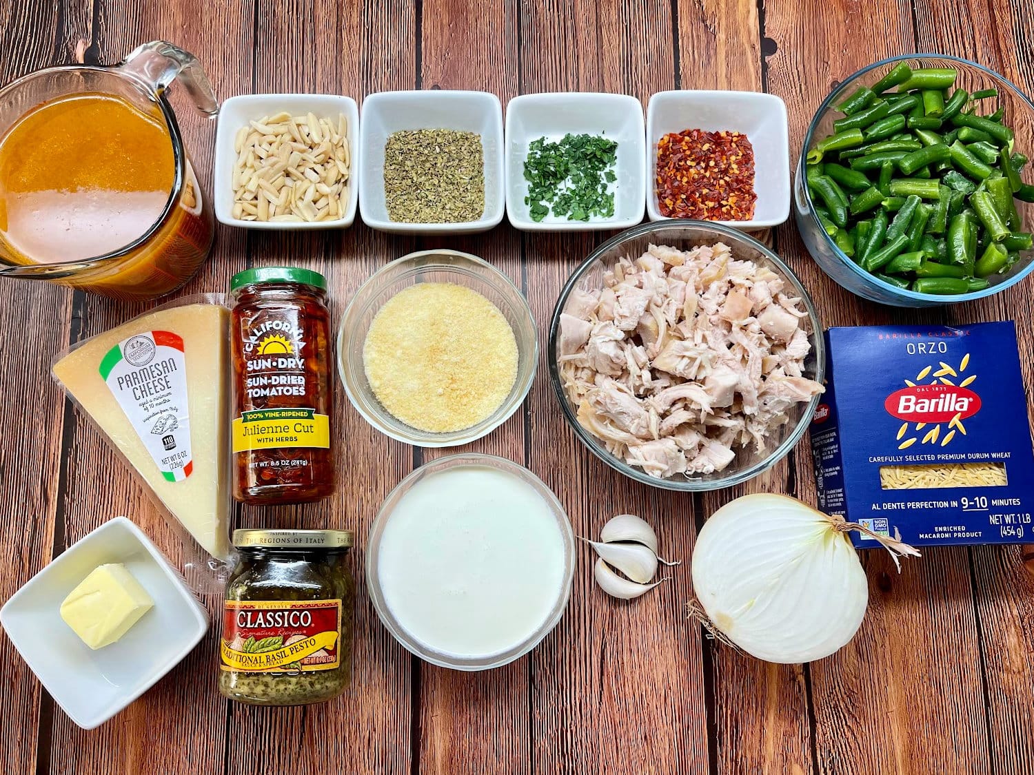 All the ingredients needed to make Pesto Orzo pasta. 