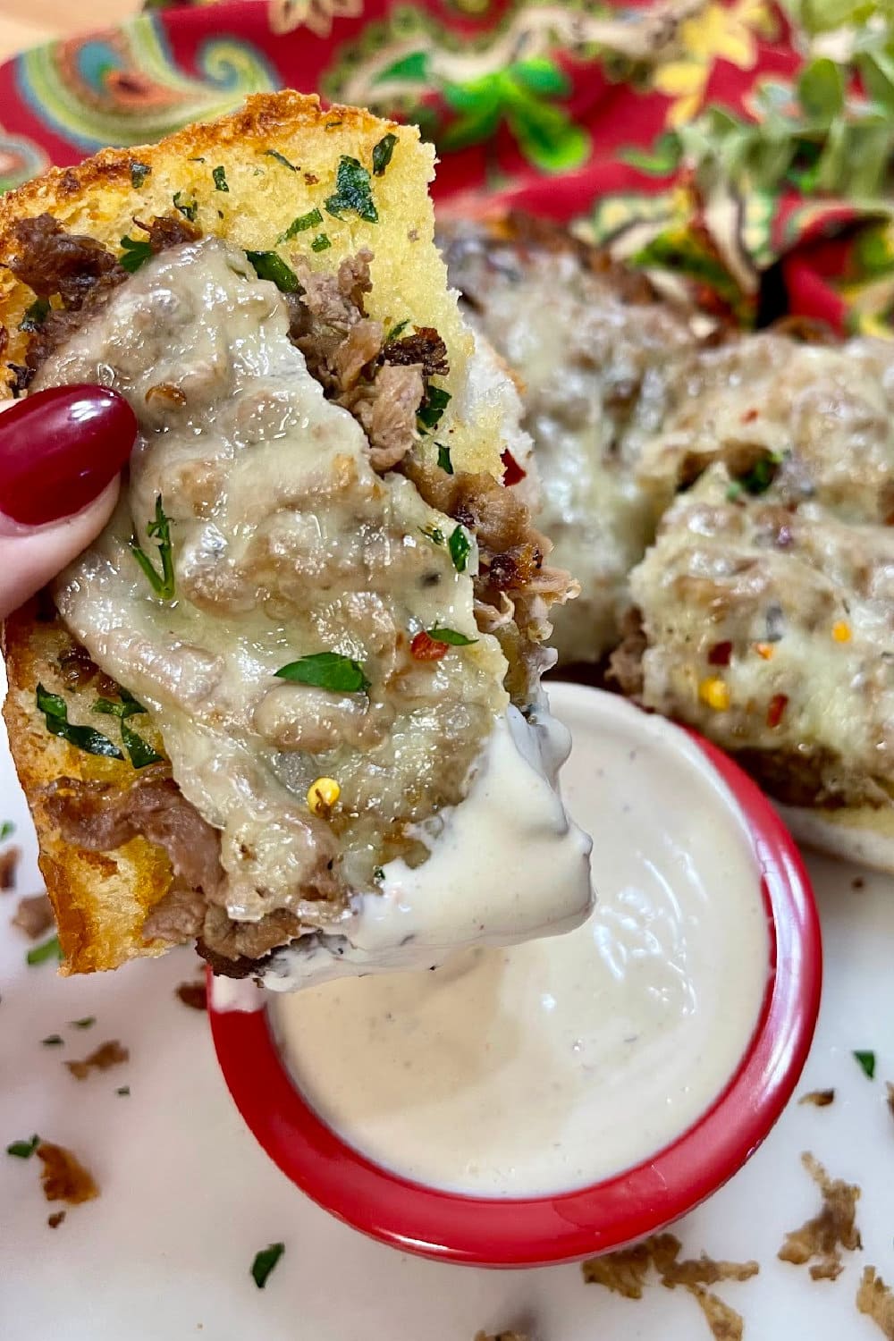 Shaved steak sandwiches with dipping sauce. 