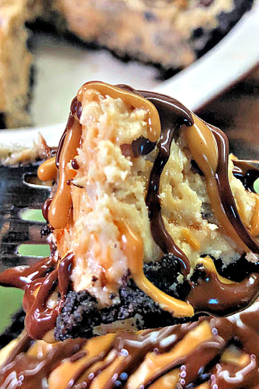 A bite of no bake chocolate pie on a fork. 