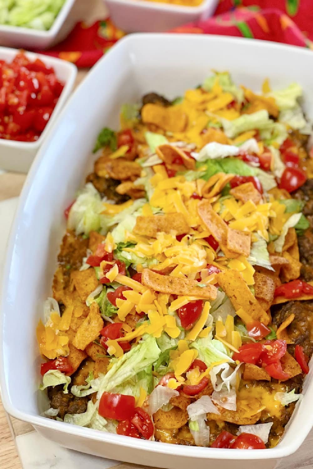 Fully topped Walking Taco Casserole, ready to be enjoyed. 