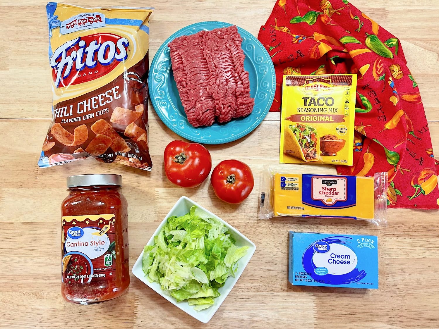 All the ingredients to make Walking Taco Casserole. 