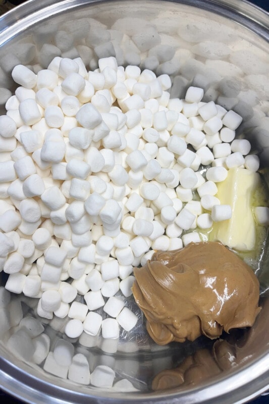 Peanut butter with marshmallows and butter, ready to be melted. 