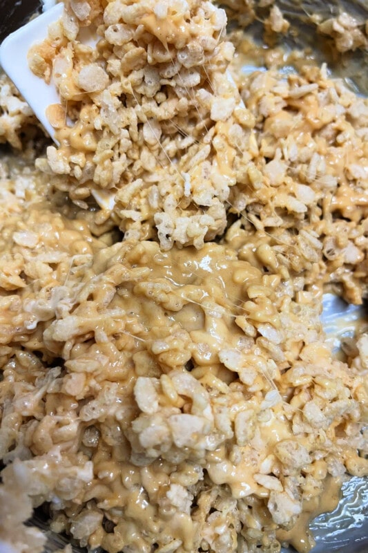 Rice krispies stirred into the melted marshmallow and peanut butter mixture. 