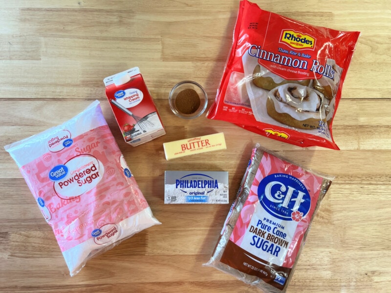 All the ingredients needed to make Rhodes Frozen Cinnamon Rolls with Heavy Cream. 