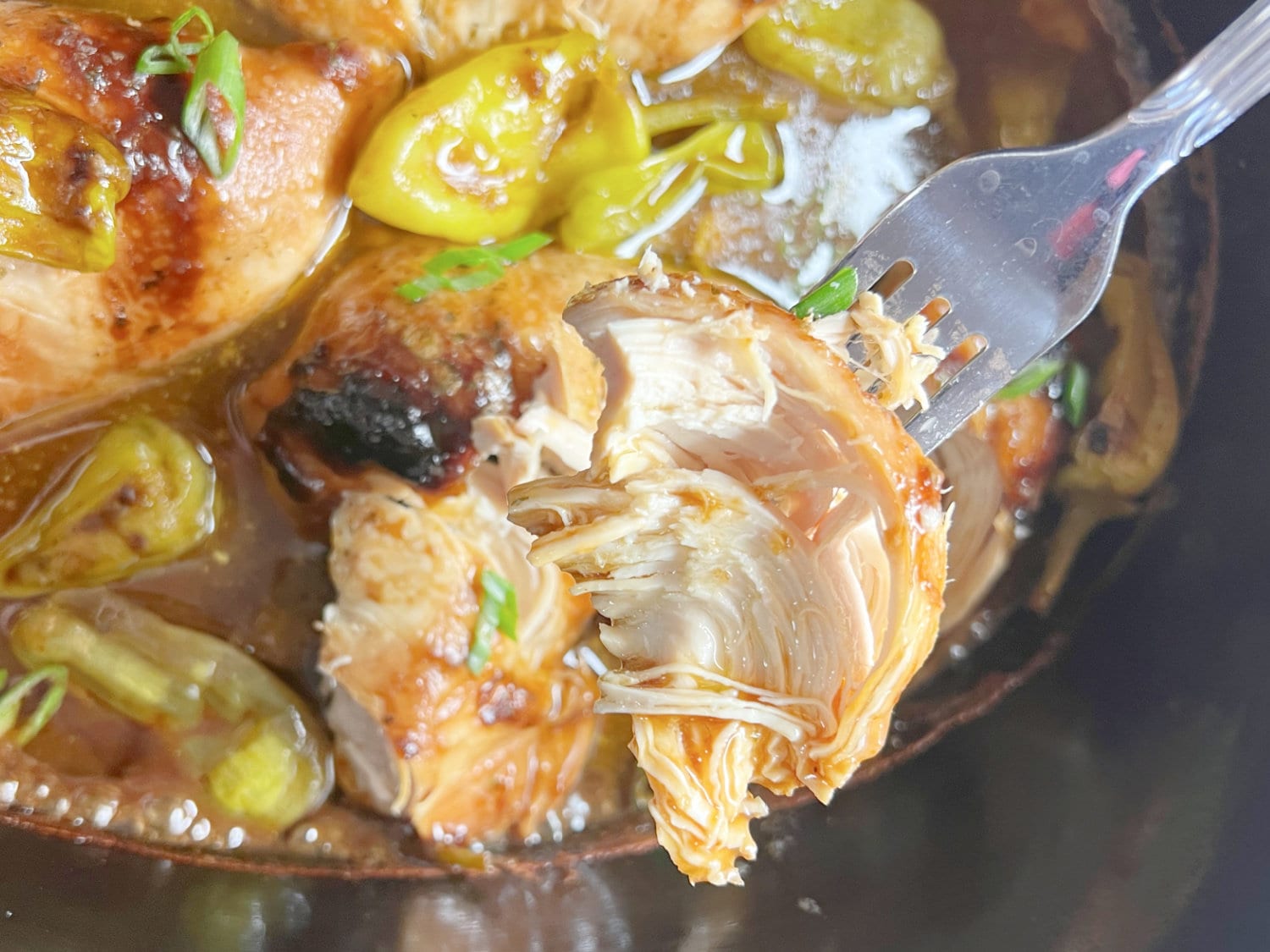 For-tender Mississippi Crockpot Chicken on a fork. 